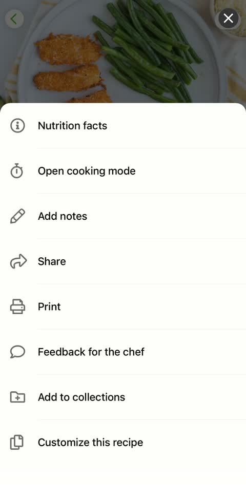 Mealime recipe menu showing Share beneath Add notes