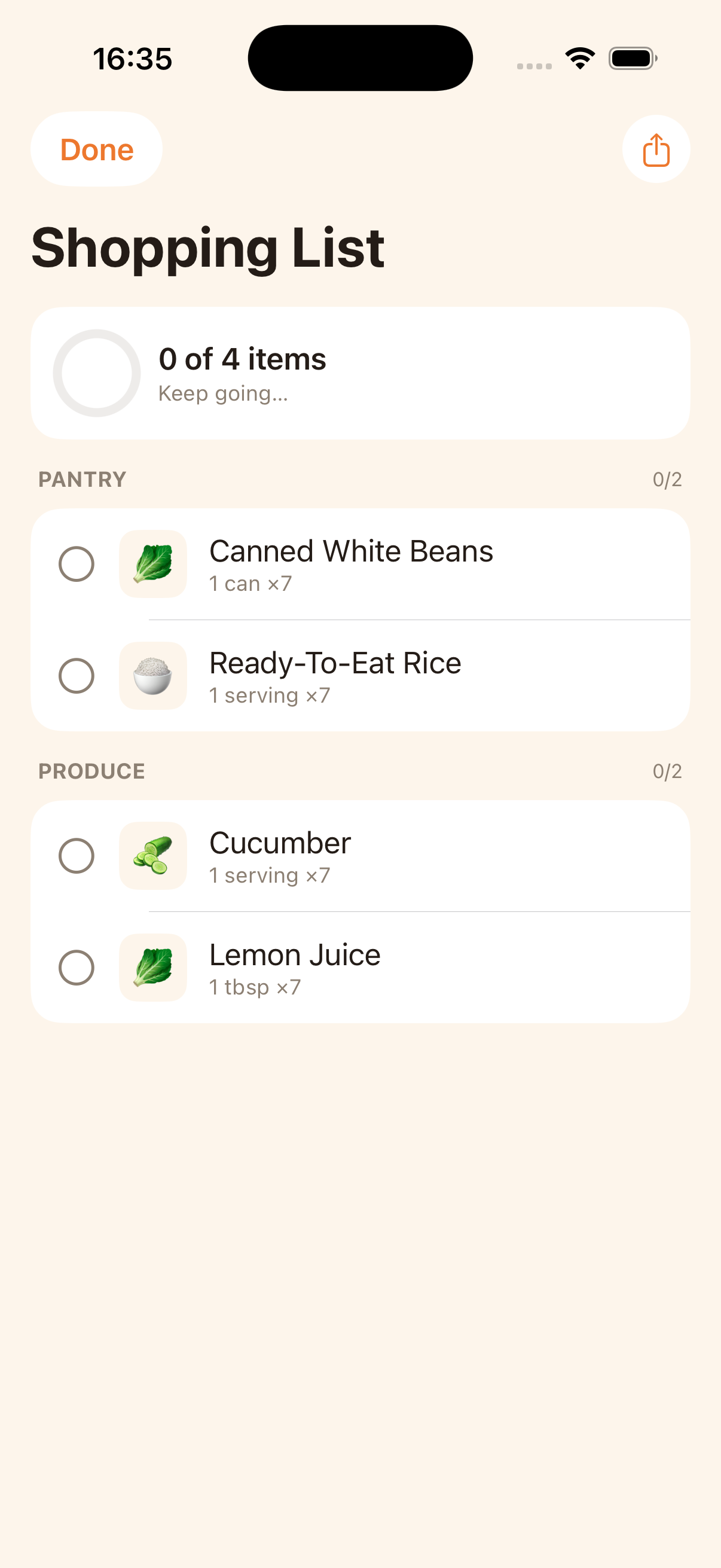 MealPot shopping list grouped into pantry and produce