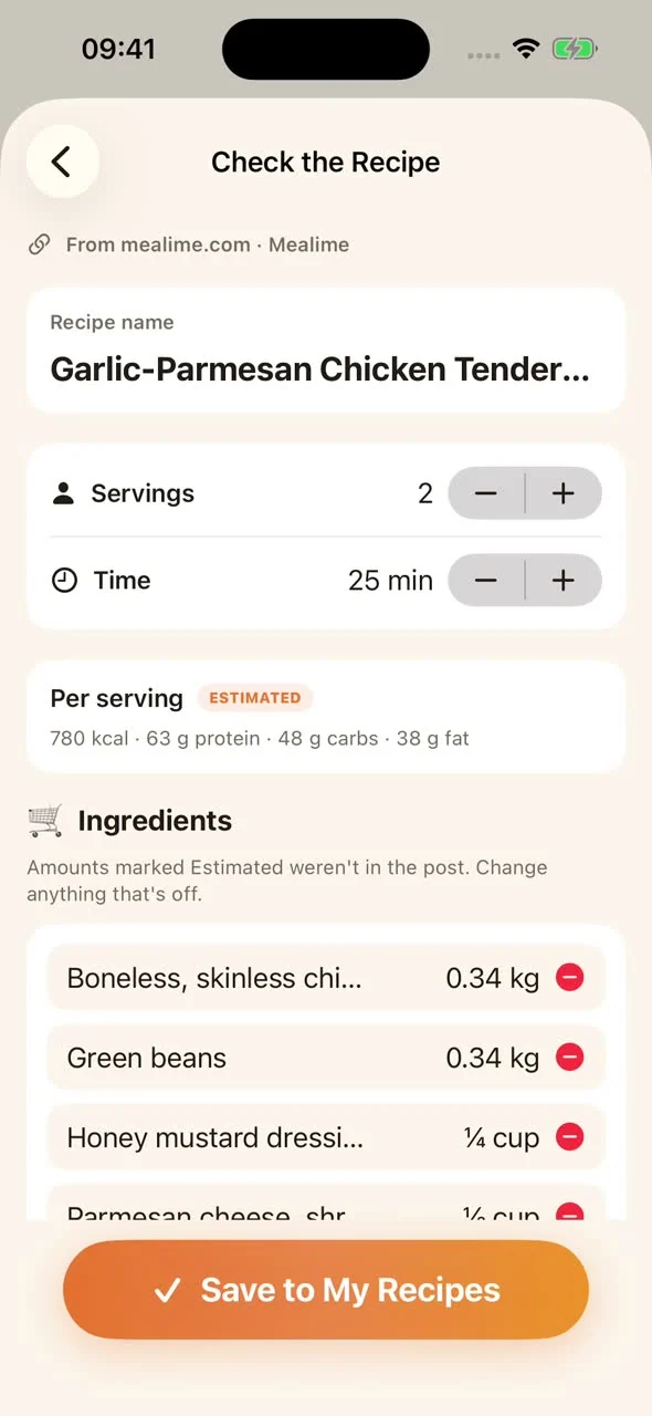 MealPot Check the Recipe screen with two servings, 25 minutes, editable ingredients and Save to My Recipes