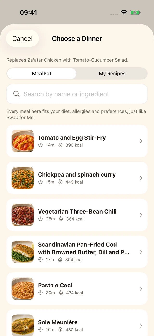 MealPot’s dinner chooser illustrates a question raised by the linked discussions: can you browse dishes, or must you first collect your own recipes?