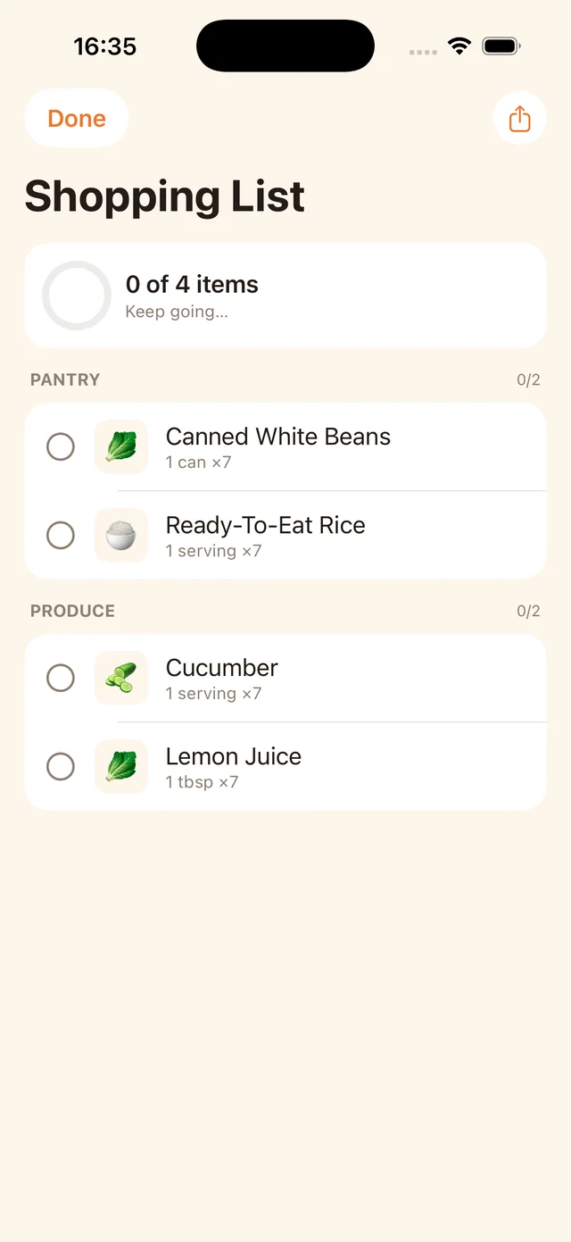 MealPot shopping-list example on a phone. A desktop workflow is useful only if the final list is readable where you shop; this is not a Windows-app screenshot.