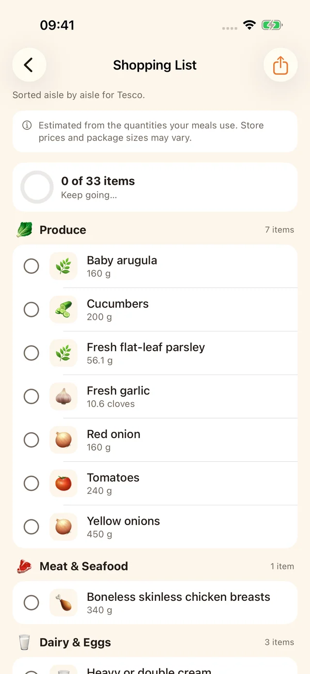 MealPot shopping list with 33 unchecked items, produce grouped together and chicken under Meat and Seafood