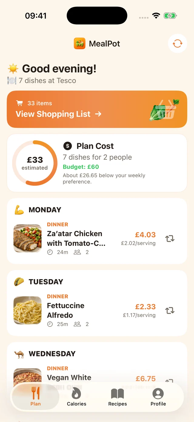 MealPot’s iPhone weekly-plan screen. This is our app, not Mealime, and it does not establish separate iPad, Watch or Mac availability.